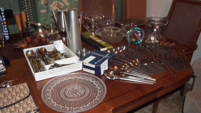 Wonderful Vintage Pewter, Trays, Candlesticks and 2 Sets Mid Century Flatware (Danish and Japan)