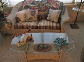 Wicker Love Seat, Coffee and End Tables.  Plus other wicker accent pieces.