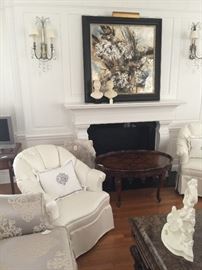 PAIR OF WHITE CLUB CHAIRS WITH OVAL MAHOGANY TABLE