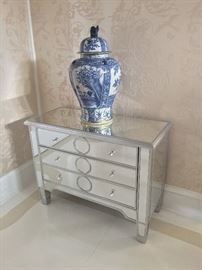 PAIR OF FRENCH COMMODES WITH BLUE MAITLAND-SMITH TEMPLE JARS