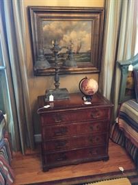 MAHOGANY CHEST WITH LAMP AND OIL ON CANVAS