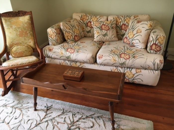 Furniture: rocking chair $225, cocktail table $175, sofa $250 or best offers.