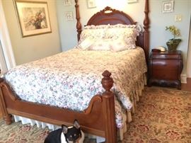 Queen bed ($500 or best offer) bedspread, bedskirt, and sham pillows  ($300 or best offer)side table ($225 or best offer) and rug ($300 obo). Dog not included! :)