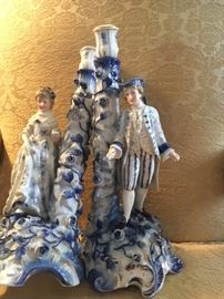 Colonial Couple (fine porcelain) can be used to hold candle tapers or,  opening in bottom allows for wiring to create gorgeous lamps! $200 for the pair or best offer.