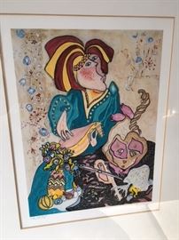 SALLY AND THE CAT by child prodigy George Pocheptsov;  print 16 1/2 x 19 3/4".   With frame measures 20 x 23 1/2"