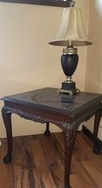 Carved square lamp table & lamp
