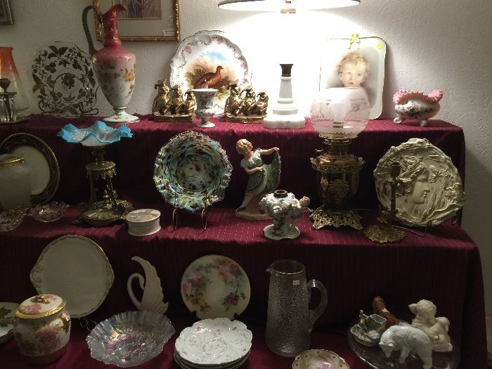 Bradley and Hubbard Lamp, Piano Baby, Art Glass, Webb Ewer, Limoges Oyster Plates, White Carnival Glass, Owl Bookends.
