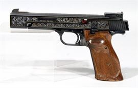 Smith & Wesson Model 41 One-of-a-Kind Factory Engraved Pistol, .22 LR, SN# WWH0001, Never Fired, Extra Grip, Brooks & Thomas Leather Combo Case