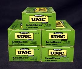 Remington UMC LeadLess 9mm Luger Ammunition, Qty 5 Boxes Of 50 Ea, Total 250 Rounds