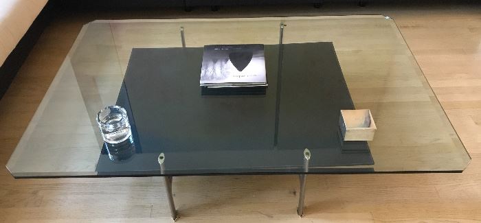 Glass, brushed chrome and leather table (Brueton?)