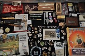 Costume vintage jewelry including Eisenberg Coro Sperry Trifari Bergere Napier Monet Kramer and more, Cross gold-filled pen in case, Cross gold-filled pen with red stone, Dunhill service lighter in box, eyeglasses vintage, flag pennants prison souvenir vintage, Greater Bellevue Washington brochure/booklet 1965, Jiu Jitsu 1940s booklet, Josephson & Sharp Sharpo lighter, Majestic fountain pen 14k nib, Maxim Mercury Les Briquets lighter new in case, men's cufflinks tie pins tie clasps, Navajo sterling belt buckles, pin back buttons, postcards vintage, straight edge razor celluloid handle Hitchcock in case, straight edge razor celluloid handle Wilbert in case, U.S. Mail miniature canvas bag with 8 souvenir photos, Zippo lighter. MORE items will be added to the case prior to the sale!