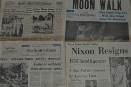 Newspapers vintage 1940s to 1990s -- WWII, Nixon Impeachment, Kennedy Assassination, Lee Harvey Oswald, Mt. St. Helens, Kingdome, Martin Luther King, Moon Walk
