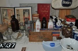Borden vintage items milk bottles cheese box cottage cheese tub Meadow Brand cups visor canvas bag malted milk tin, Pyrex vintage bleach bottle, metal numbers