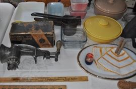 Pyrex, Bauer, antique kitchen grinder (one in box), vintage potato ricer, vintage measures