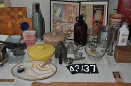 Pyrex, Bauer, antique kitchen grinder (one in box), vintage potato ricer, cutting boards, Stanley Thermos vintage vacuum bottle Hammerton, Borden vintage items milk bottles cheese box cottage cheese tub Meadow Brand cups visor canvas bag malted milk tin