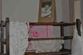 Hand made wooden drying rack, old photo, vintage linens