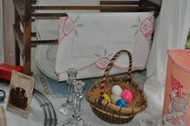 Hand made wooden drying rack, old photo, vintage linens, onyx eggs, Lionel train, crystal candlesticks, vintage pink plastic wastebasket