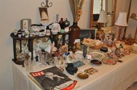 Wooden wall shelf vintage, 1940s Life magazines, pottery, EAPG, chicken covered dishes vintage, lamps, mirror, Depression glass, plates, vases, vintage photos, and more