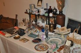 Wooden wall shelf vintage, 1940s Life magazines, pottery, EAPG, chicken covered dishes vintage, lamps, mirror, Depression glass, plates, vases, vintage photos, and more