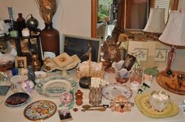 Wooden wall shelf vintage, 1940s Life magazines, pottery, EAPG, chicken covered dishes vintage, lamps, mirror, Depression glass, plates, vases, vintage photos, and more