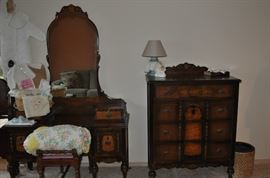 1920s antique walnut bedroom set including head/footboard tall dresser vanity and vanity stool, vintage baby items, granny square vintage crocheted spread, lamps