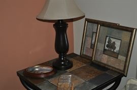 One of a pair of lamps, art, slate topped end/lamp table
