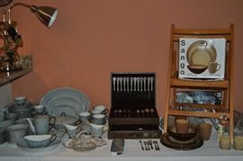 Seyei (#3172) set of vintage fine china 92 pieces, Oneida King James silver plate flatware setting for 12 mint condition with wooden cutlery box, crystal, folding chair, Sango stoneware 2 extra place settings 8 pc, Sango stoneware new in box 16 pc dinnerware set