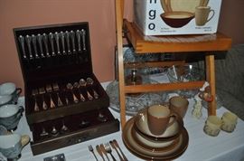 Oneida King James silver plate flatware setting for 12 mint condition with wooden cutlery box, crystal, folding chair, Sango stoneware 2 extra place settings 8 pc, Sango stoneware new in box 16 pc dinnerware set