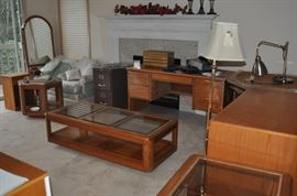 Coffee tables, end tables, mirrors, office desk and components from Wood World Furniture, lamps