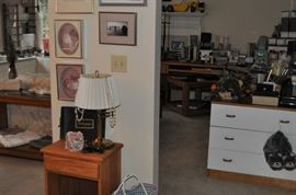 Night stand, art, lamp, 3-drawer dresser Ikea? Brother laser printer HL-2030/2040/2070N with cartridge, HP Deskjet 6940 printer with ink, office items, frames, books, computer keyboard, office desk and components from Wood World Furniture