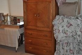 Bassett chest with drawers head board mirror, floral bedding set several pieces spread shams pillows window treatment