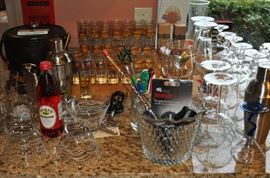 Barware! Amazing collecting of Hard Rock Café shot glasses set of 33, new/newer, some with original box, wine glasses, old fashioned glasses, stirrers, ice buckets, beer steins, and more