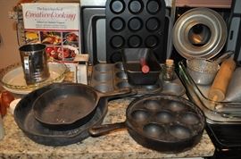Baking supplies, vintage kitchen items, cookbooks, cast iron skillets, Griswold 962 No. 32 cast iron Ebelskiver apple cake pan