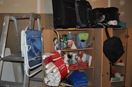 Ladder, 2 cabinets, luggage, miscellaneous garage items, file cabinet, fire escape roll-up ladder