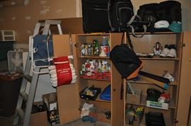 Ladder, 2 cabinets, luggage, miscellaneous garage items, file cabinet, fire escape roll-up ladder