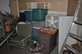 Large rectangular patio table and 6 chairs with removable pads, plastic bins, electric fans, file cabinet, ladder