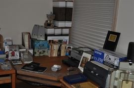 Brother laser printer HL-2030/2040/2070N with cartridge, HP Deskjet 6940 printer with ink, office items, frames, books, computer keyboard, office desk and components from Wood World Furniture