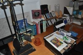 Fireplace set, miscellaneous office items, office desk and components from Wood World Furniture