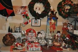 Christmas -- don’t pack it all up yet -- just make room for more, Christmas set of china Noel pattern, Christmas Village from Frederick and Nelson, snowmen, sled, wreaths, 7 foot tree in box, Christmas wrapping supplies, and more!