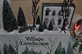 Village Landscape, miniatures, Christmas -- don’t pack it all up yet -- just make room for more, Christmas set of china Noel pattern, Christmas Village from Frederick and Nelson, snowmen, sled, wreaths, 7 foot tree in box, Christmas wrapping supplies, and more!