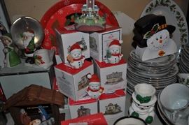 Christmas -- don’t pack it all up yet -- just make room for more, Christmas set of china Noel pattern, Christmas Village from Frederick and Nelson, snowmen, sled, wreaths, 7 foot tree in box, Christmas wrapping supplies, and more!