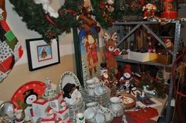 Christmas -- don’t pack it all up yet -- just make room for more, Christmas set of china Noel pattern, Christmas Village from Frederick and Nelson, snowmen, sled, wreaths, 7 foot tree in box, Christmas wrapping supplies, and more!