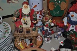 Christmas -- don’t pack it all up yet -- just make room for more, Christmas set of china Noel pattern, Christmas Village from Frederick and Nelson, snowmen, sled, wreaths, 7 foot tree in box, Christmas wrapping supplies, and more!