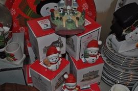 Christmas -- don’t pack it all up yet -- just make room for more, Christmas set of china Noel pattern, Christmas Village from Frederick and Nelson, snowmen, sled, wreaths, 7 foot tree in box, Christmas wrapping supplies, and more!