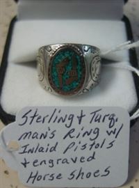 Sterling & Turquoise Man's Ring w/Inlaid Pistols & Engraved Horse Shoes On Sides