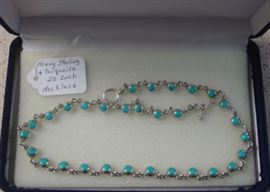 Heavy Sterling & Turquoise 20 Inch Necklace