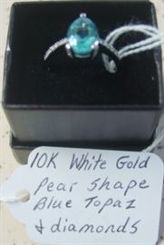 10K White Gold, Pear Shape Blue Topaz & Diamond Ring