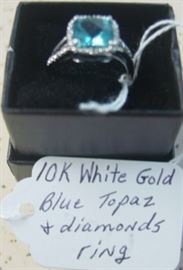 10K White Gold, Blue Topaz & Diamond Ring