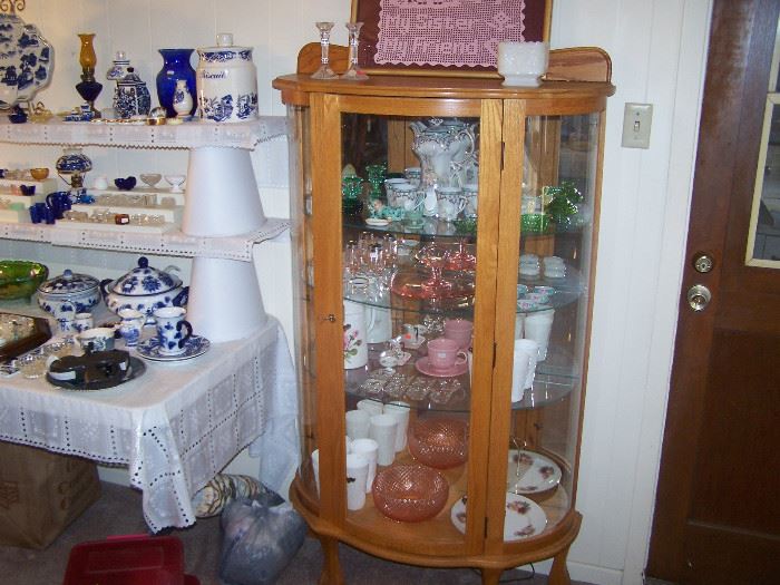 oak china cabinet, collectable glass