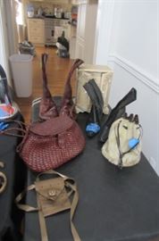 VINTAGE PURSES, GUCCI AND LUCCHESE BOOTS, COSTUME JEWELRY